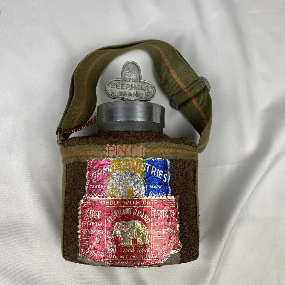 Pair Of Vintage Elephant Brand E. Pakistan Water Bottle Strap Wool Insulation
